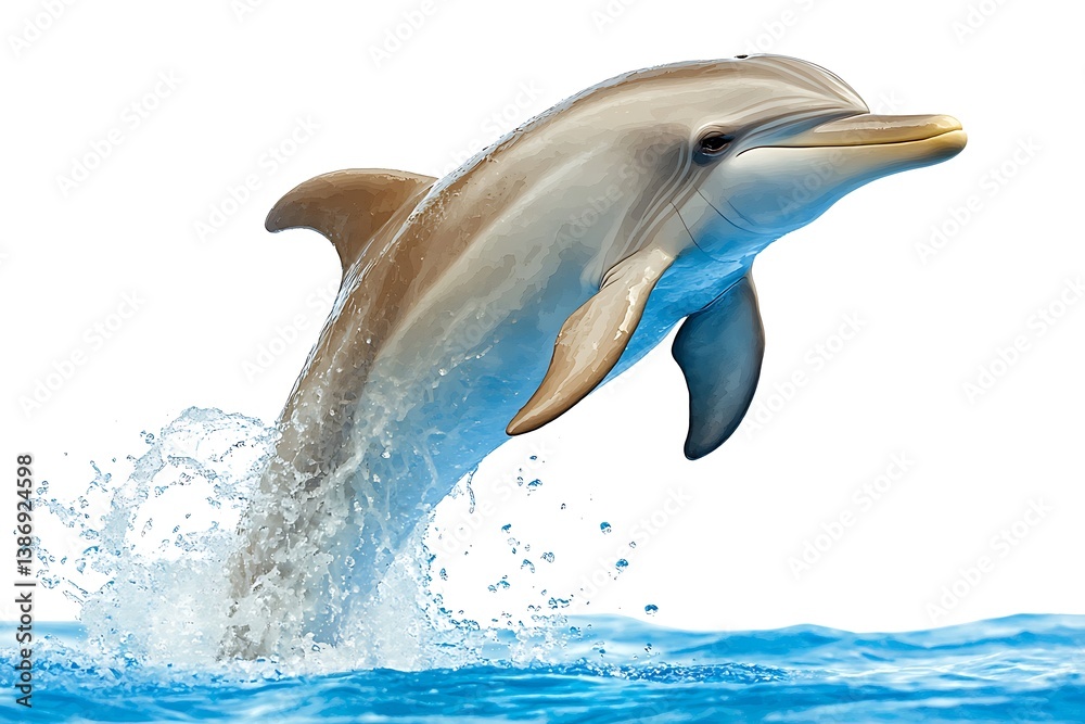 Naklejka premium Majestic Dolphin Leaping Out of Tranquil Blue Ocean Water