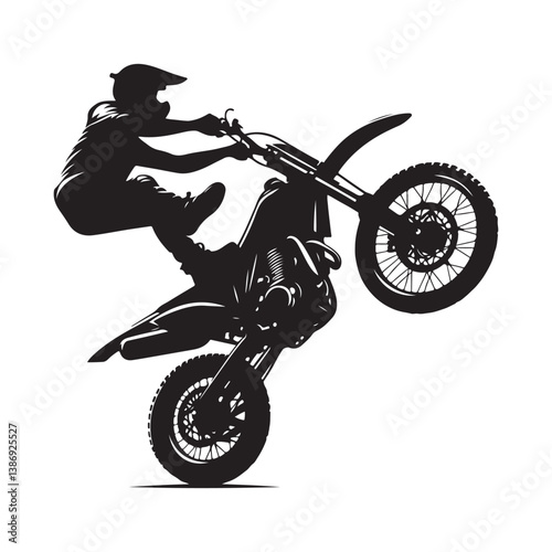 A biker doing freestyle tricks vector. Silhouette of teenagers doing stunts on BMX bikes on a white background