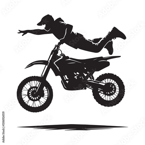 A biker doing freestyle tricks vector. Silhouette of teenagers doing stunts on BMX bikes on a white background
