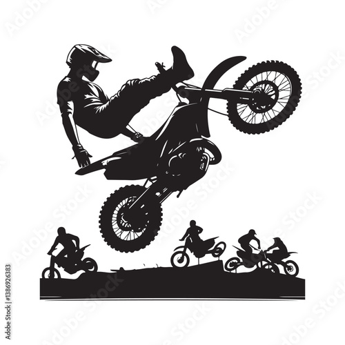 A biker doing freestyle tricks vector. Silhouette of teenagers doing stunts on BMX bikes on a white background