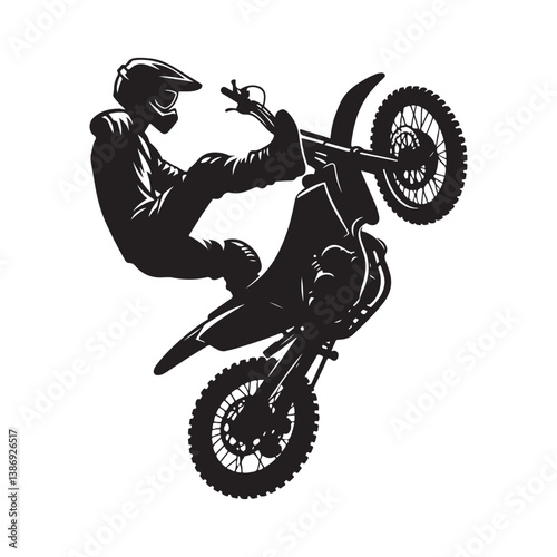 A biker doing freestyle tricks vector. Silhouette of teenagers doing stunts on BMX bikes on a white background