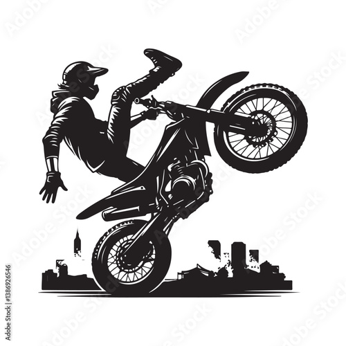 A biker doing freestyle tricks vector. Silhouette of teenagers doing stunts on BMX bikes on a white background