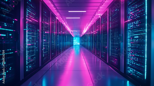 A sleek quantum computer in a futuristic data center, illuminated by soft neon lights reflecting off polished surfaces, Cyberpunk style