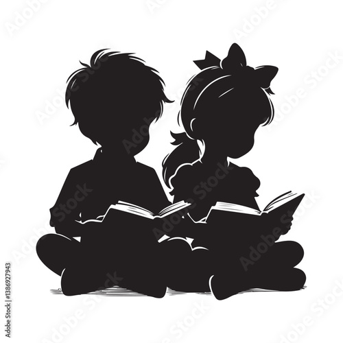 Kids Reading Silhouettes Vector Icon. A boy and girl reading a book silhouette illustration on a white background