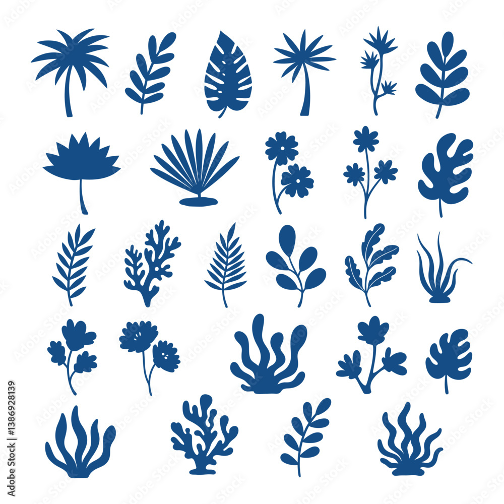 Fototapeta premium Collection of Blue Silhouette Botanical and Floral Elements