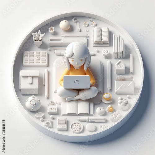 3D character of a girl sitting and working on a laptop, surrounded by digital symbols and interface icons. Clean round composition on white background.