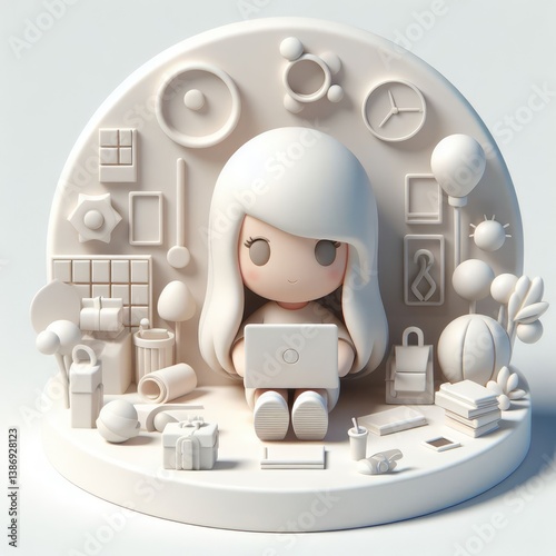 3D character of a girl sitting and working on a laptop, surrounded by digital symbols and interface icons. Clean round composition on white background.