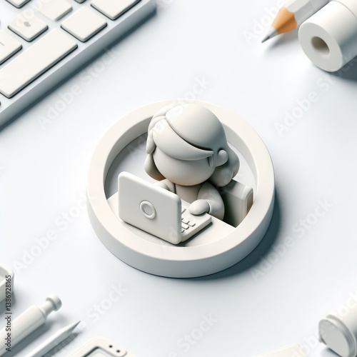 3D character of a girl sitting and working on a laptop, surrounded by digital symbols and interface icons. Clean round composition on white background.