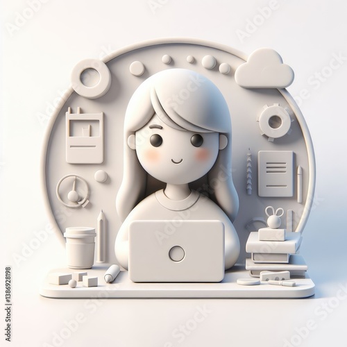 3D character of a girl sitting and working on a laptop, surrounded by digital symbols and interface icons. Clean round composition on white background.