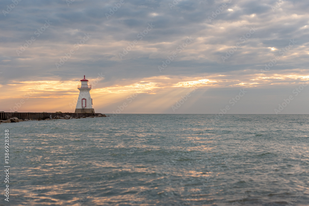 Fototapeta premium Beautiful lighthouse sits at end of pier with moody sunset sky