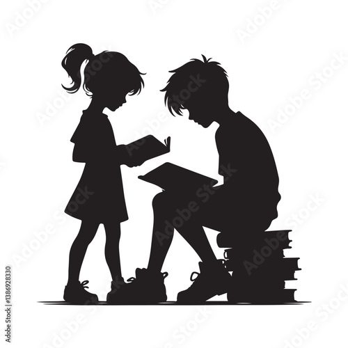 Kids Reading Silhouettes Vector Icon. A boy and girl reading a book silhouette illustration on a white background