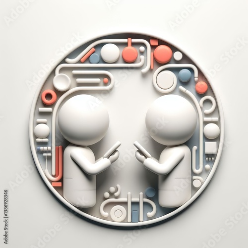 3D round illustration of a boy and girl facing each other, holding smartphones. Surrounded by various communication icons. Symbolizes mobile conversation in a soft and modern visual.
