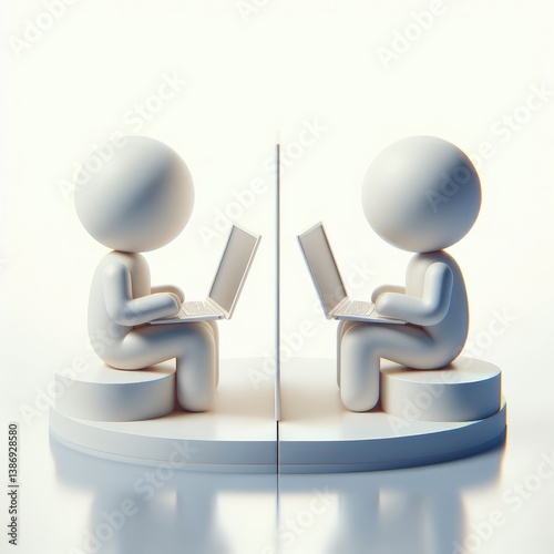 Stylized 3D illustration of a boy and girl sitting opposite each other with laptops, surrounded by collaborative digital icons. Symbol of online teamwork. Clean white round setup.