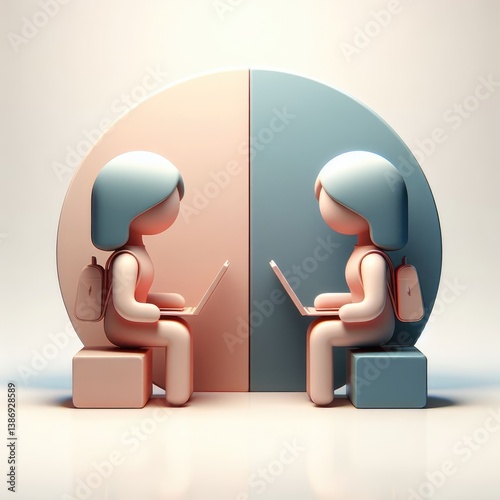 Stylized 3D illustration of a boy and girl sitting opposite each other with laptops, surrounded by collaborative digital icons. Symbol of online teamwork. Clean white round setup.