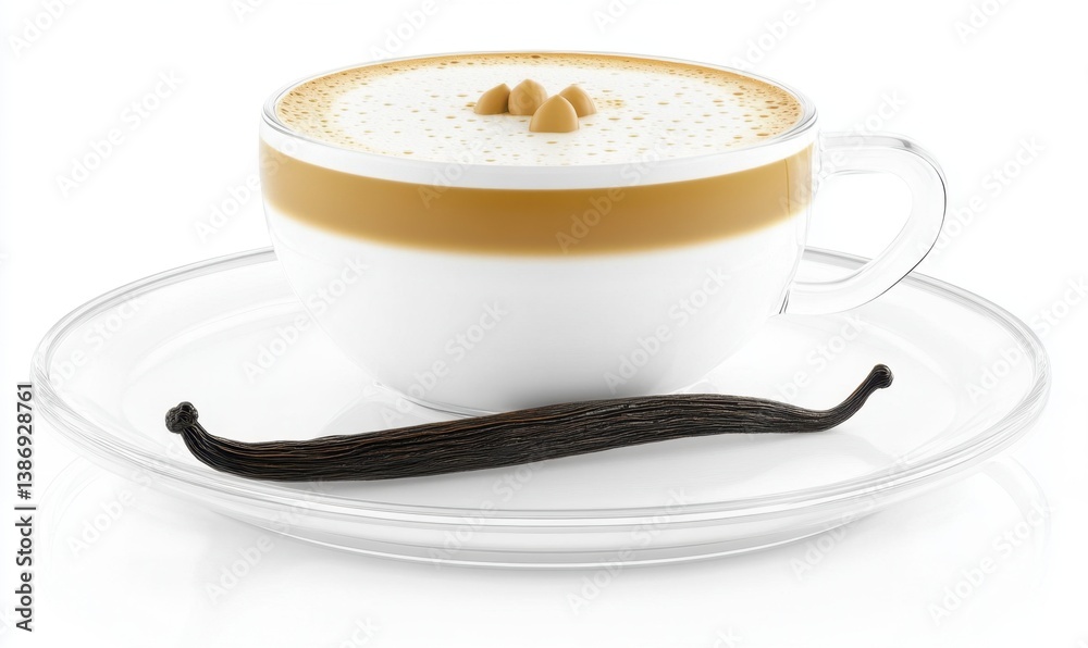 Vanilla latte in glass cup, saucer, white background; ideal for coffee shop menus Vanilla latte in glass cup, saucer, white background; ideal for coffee shop menus