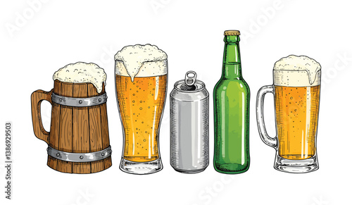 Variety of Beer Containers with Frothy Beer Illustration