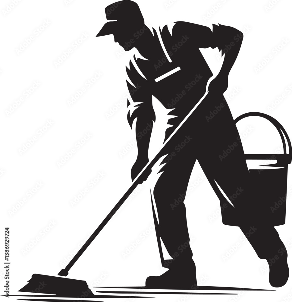 Cleaner vector icon. Silhouette vector of household hotel or apartment cleaning service. House cleaning person silhouette illustration on a white background Cleaner vector icon. Silhouette vector of household hotel or apartment cleaning service. House cleaning person silhouette illustration on a white background