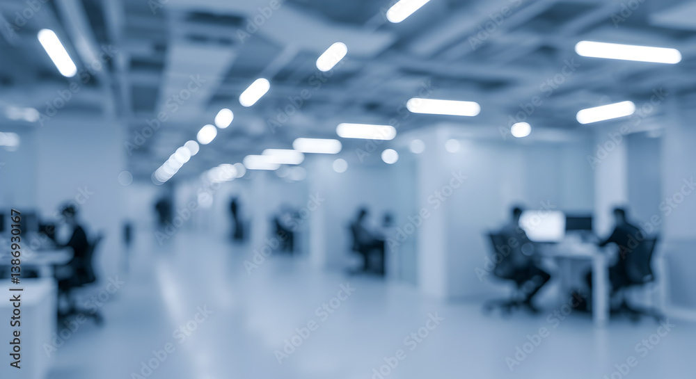 Fototapeta premium Blurred Blue Toned Office Interior with Desks and People Working in a Modern Open Space