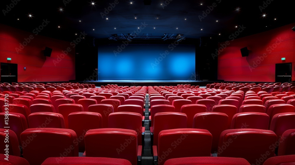 Fototapeta premium Empty theater with red seats and bright blue screen captivating scene of entertainment performance