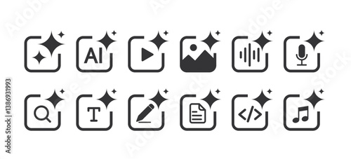Set of Generate AI user interface. Artificial intelligence sign. AI enters by command prompt to generate ideas. AI tool and square. Icon element for apps, and websites. Vector illustration.