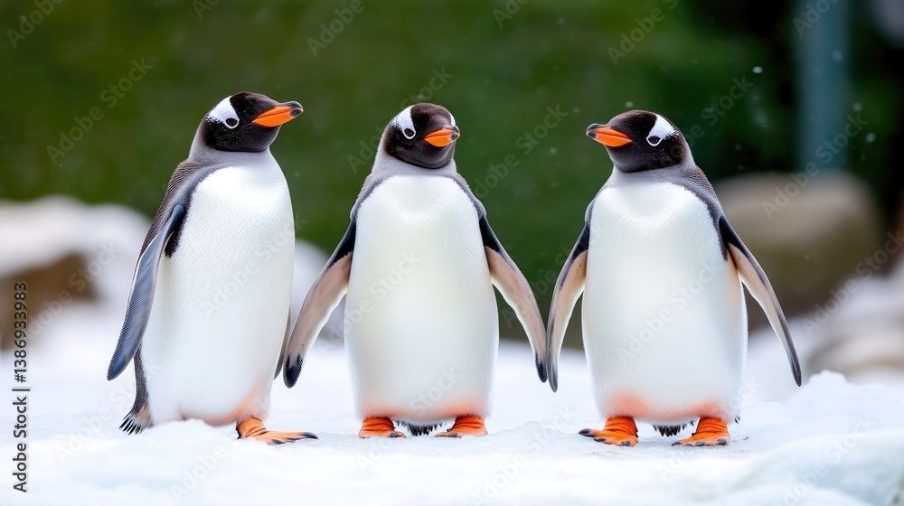 Fototapeta premium Three penguins in snowy habitat
