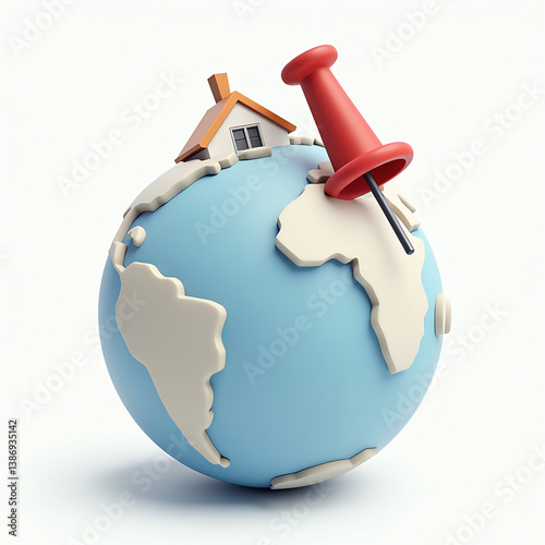 3D globe with pushpin and small house symbolizing global real estate, property location, international housing market, relocation, investment destinations, and worldwide homeownership
