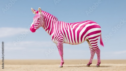 Zebra with pink stripes is standing in a field. The pink stripes give the zebra a unique and eye-catching appearance. Concept of whimsy and creativity