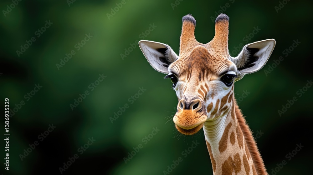 Obraz premium Close-up of a young giraffe's face, looking directly at the camera. Its spotted coat and expressive eyes are prominent features against a blurred green background