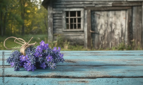 Lavender bouquet on rustic table, old barn background, rural scene, summer card