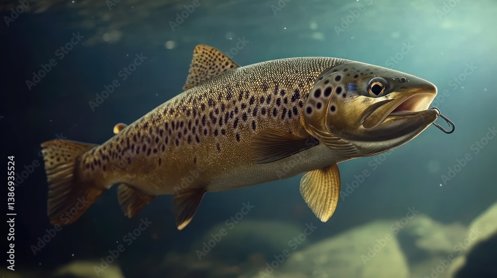 Fototapeta premium Hooked Trout Underwater River Fishing