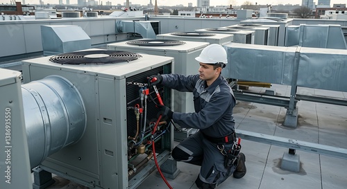 HVAC Technician Servicing Rooftop Unit on a Cloudy Day AI Generated