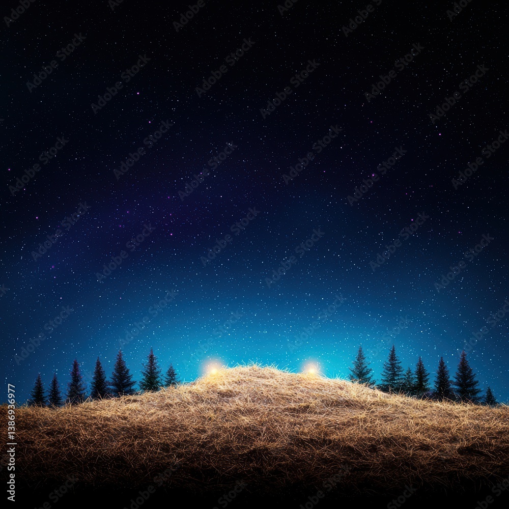 Naklejka premium Serene hill under a starry sky with a beautiful display of stars creating a peaceful night scene