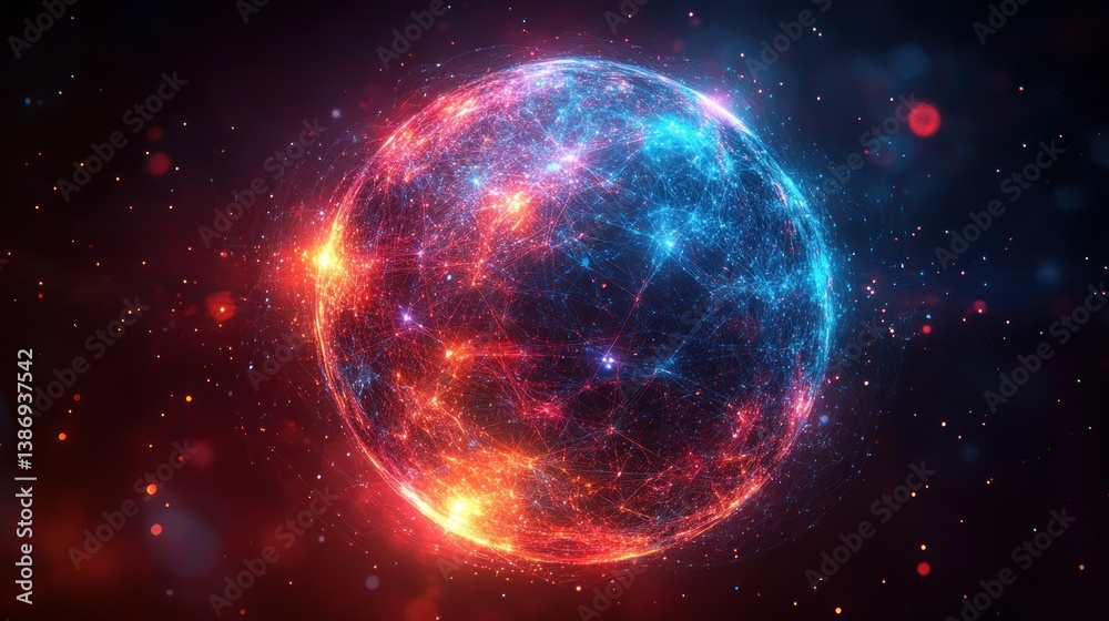 Obraz premium Cosmic Nebula: A fiery celestial sphere in vibrant red and blue hues, radiating energy and connection across the cosmos.