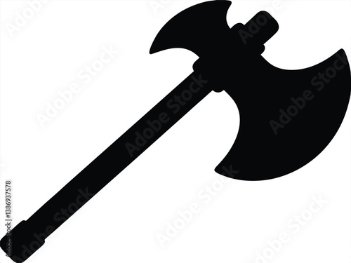 Viking Battle-Axe Silhouette - Black Vector Icon. Ancient Warrior Axe Shadow - Black and White Design.