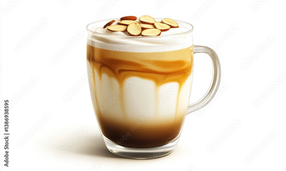 Almond Caramel Latte in Glass Mug, Creamy Texture, White Background, Drink Menu Almond Caramel Latte in Glass Mug, Creamy Texture, White Background, Drink Menu