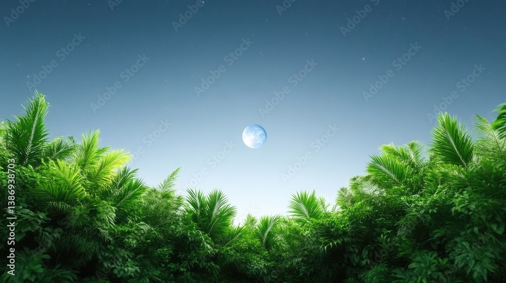 Fototapeta premium A full moon hangs in a twilight sky above a dense jungle. Lush green palm fronds fill the foreground and bottom of the frame. The image is high-resolution, with soft lighting creating a tranquil mood.