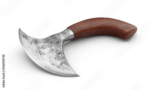 Rustic handcrafted curved knife, isolated white background