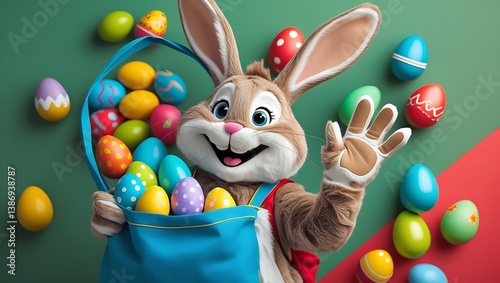 Happy Easter Bunny Holding Colorful Eggs..........