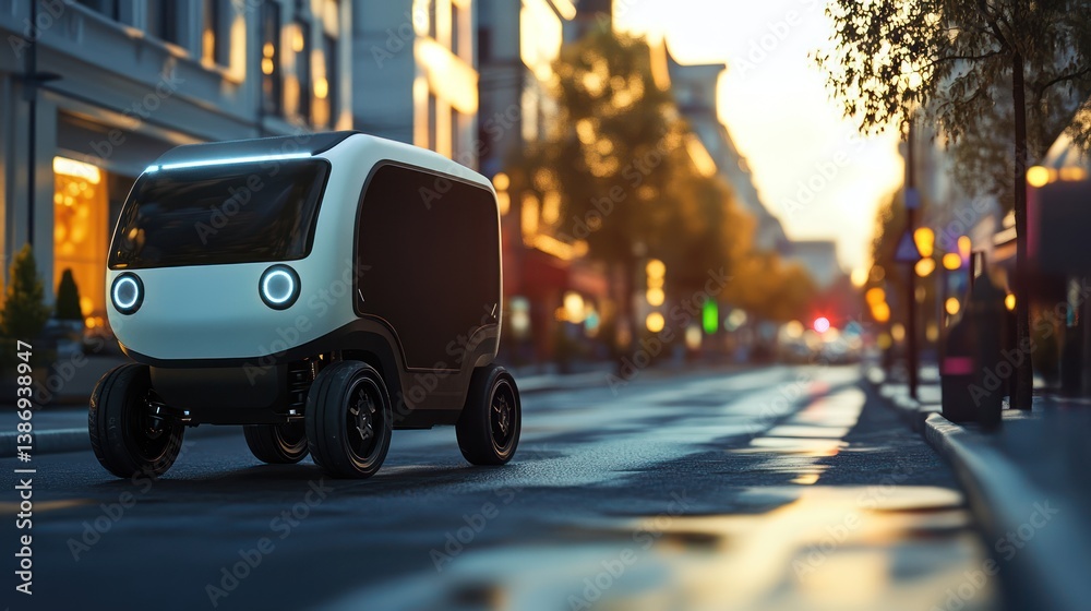 Obraz premium Autonomous vehicle city sunset delivery