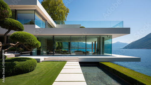 Luxury modern villa with glass walls, manicured garden, and panoramic lake view, symbolizing architectural elegance, waterfront living, and contemporary eco-friendly design in exclusive locations