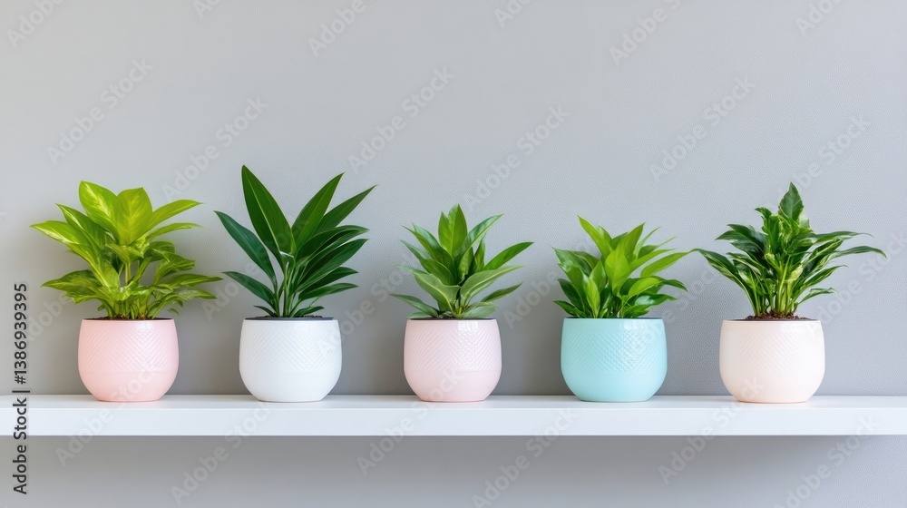 Row of potted plants on a white shelf against a gray wall. Small potted plants in pastel colored pots. Fresh greenery. Home decor Row of potted plants on a white shelf against a gray wall. Small potted plants in pastel colored pots. Fresh greenery. Home decor