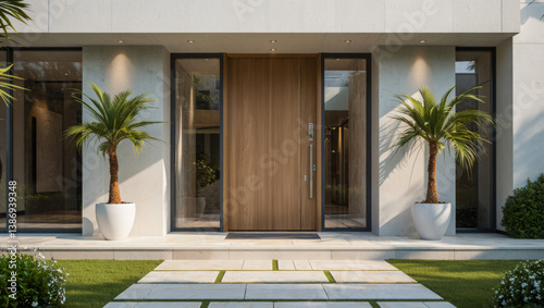 Modern home entrance with large wooden door  minimalist landscaping  palm trees in white planters  and elegant pathway  symbolizing luxury exterior design and stylish architectural curb appeal