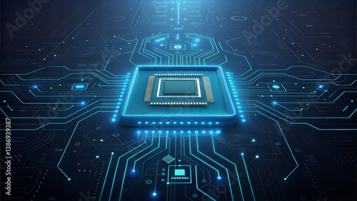 Glowing Microchip on Circuit Board, Digital Technology Concept