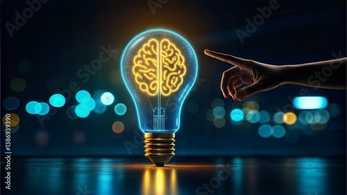 Neon Lightbulb with Brain Shaped Filament, Creative Idea Concept