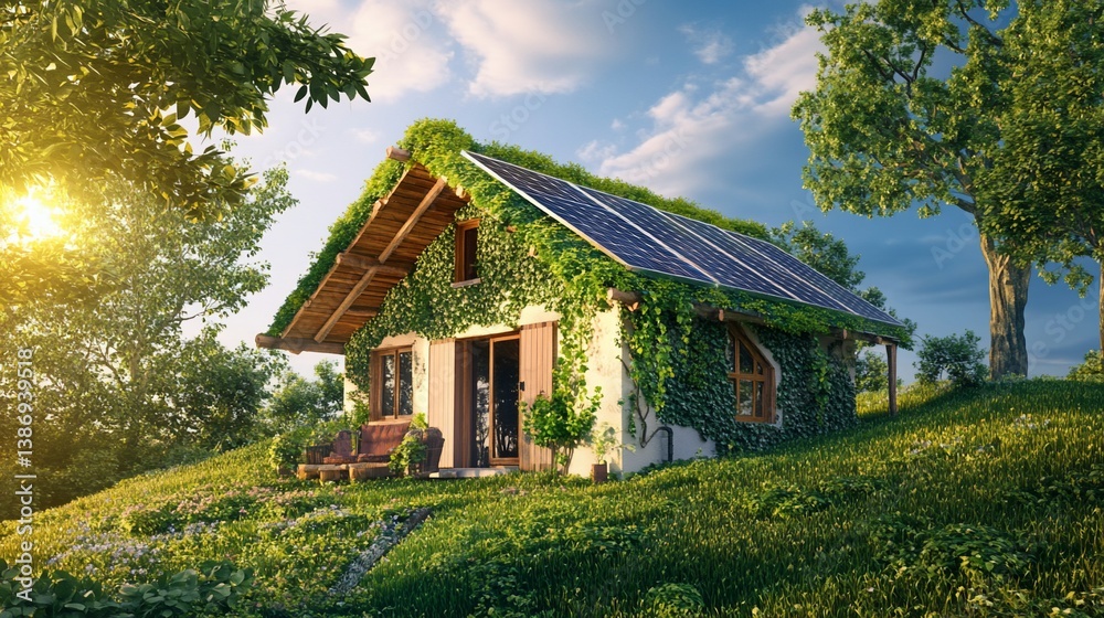 Obraz premium Green energy house blending in with nature, solar panels and green roof