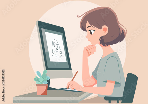 A female artist is working with a pen and drawing pad. She is thinking about her drawing.