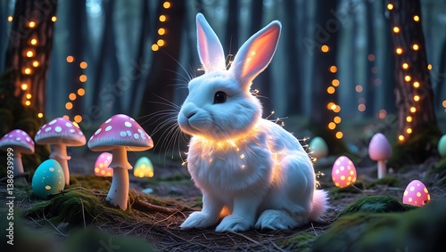 White Rabbit Sitting in Enchanted Forest at Night.