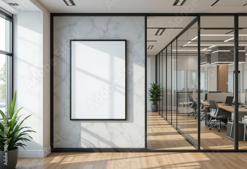 3D Rendering, Poster Mockup on glass at modern office interior with glass partition 