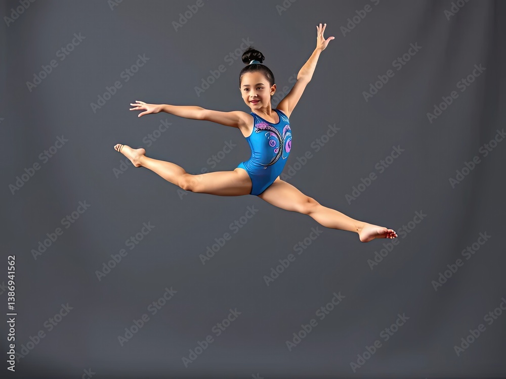 Fototapeta premium A young female athlete performs a graceful jump, showing off her strength, flexibility and athleticism.