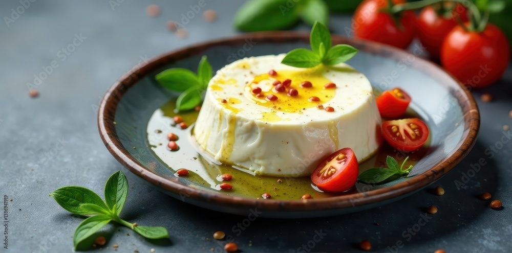 Creamy Cheese Dessert with Herb Oil and Cherry Tomatoes on a Plate Creamy Cheese Dessert with Herb Oil and Cherry Tomatoes on a Plate